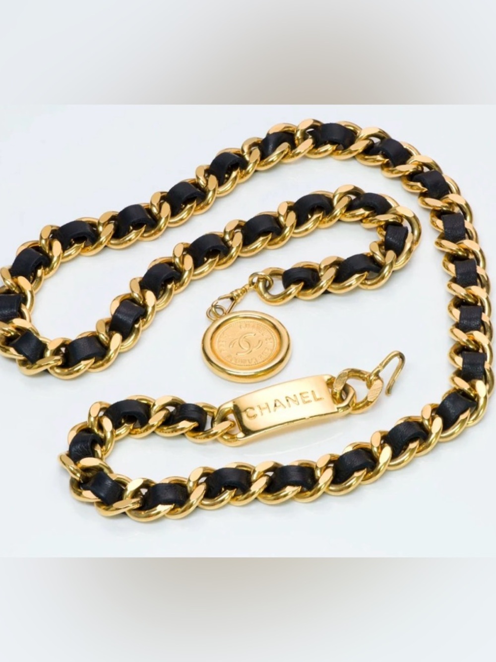CHANEL Gold Chain Belt with Black Leather Accent | 1994 spring collection